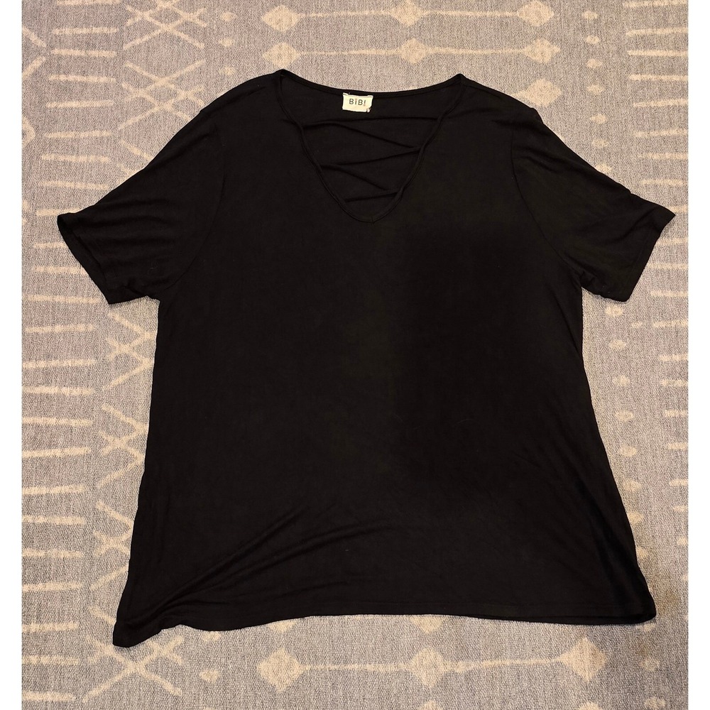 BIBI Black Criss Cross‎ V-Neck Short Sleeve Casual Top XL